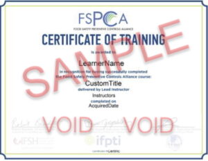 FSPCA PCQI 培训证书示例