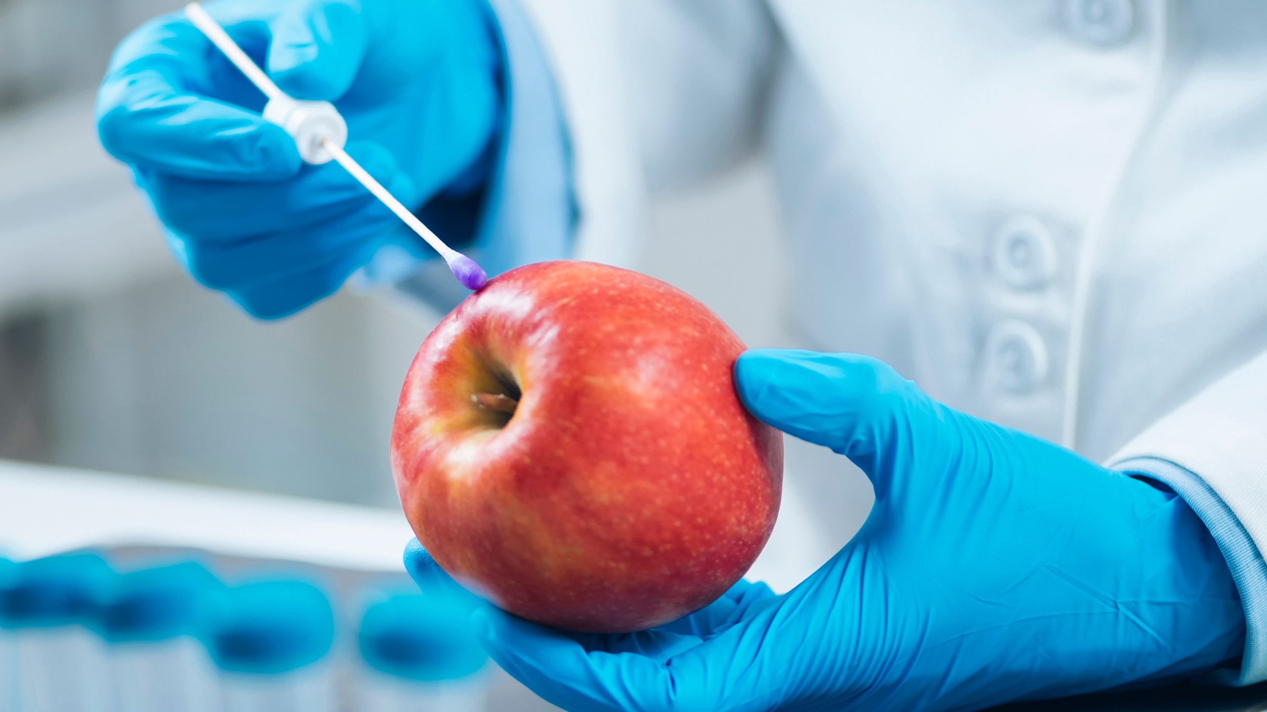 A food safety professional uses techniques that align with both SQF and FDA standards to test an apple.