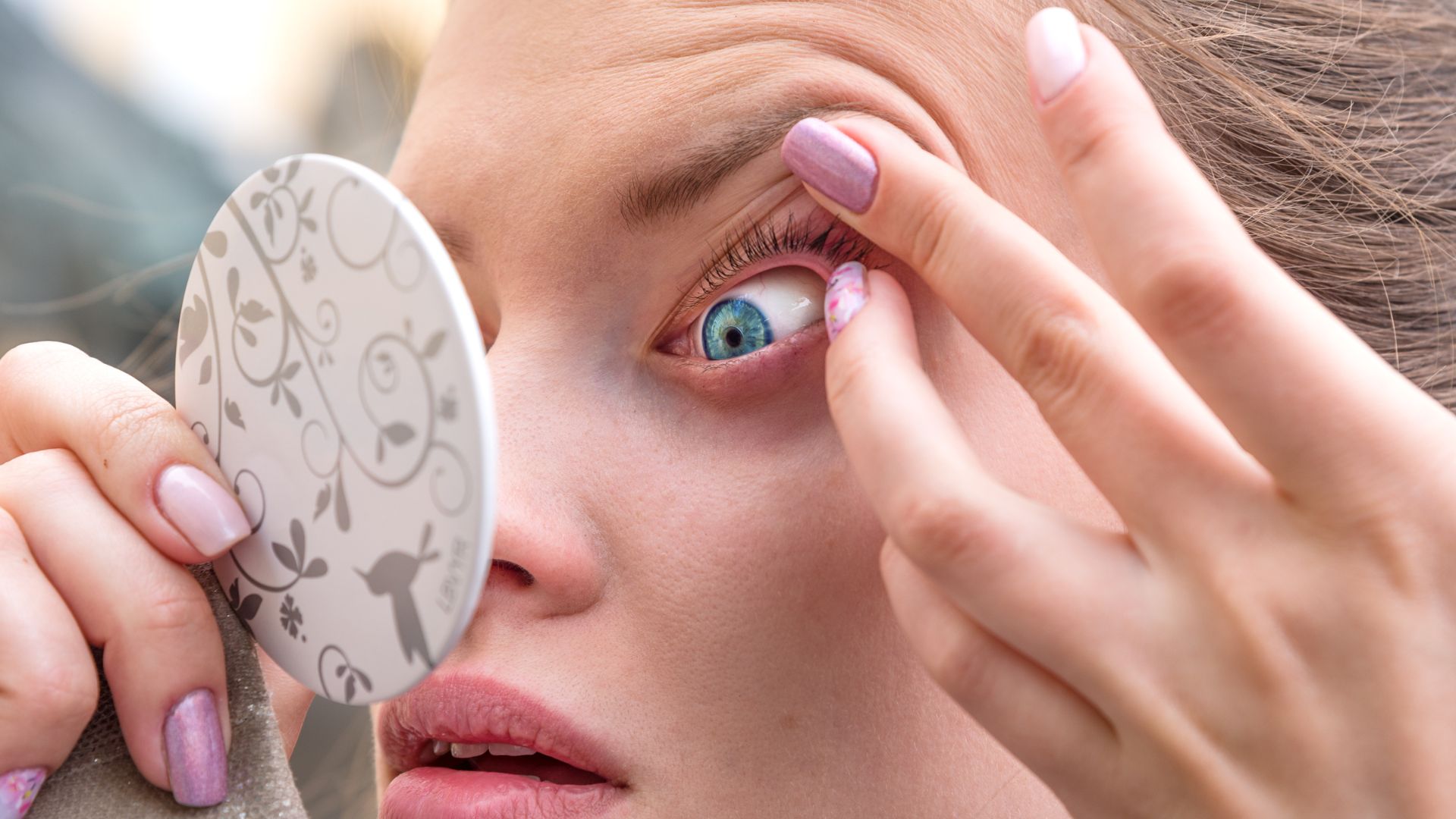 A woman examines one of her prosthetic contact lenses.
